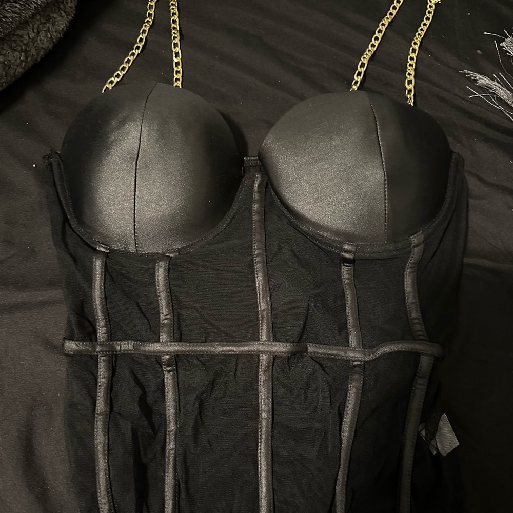 black mesh bodysuit gold chain straps with padding